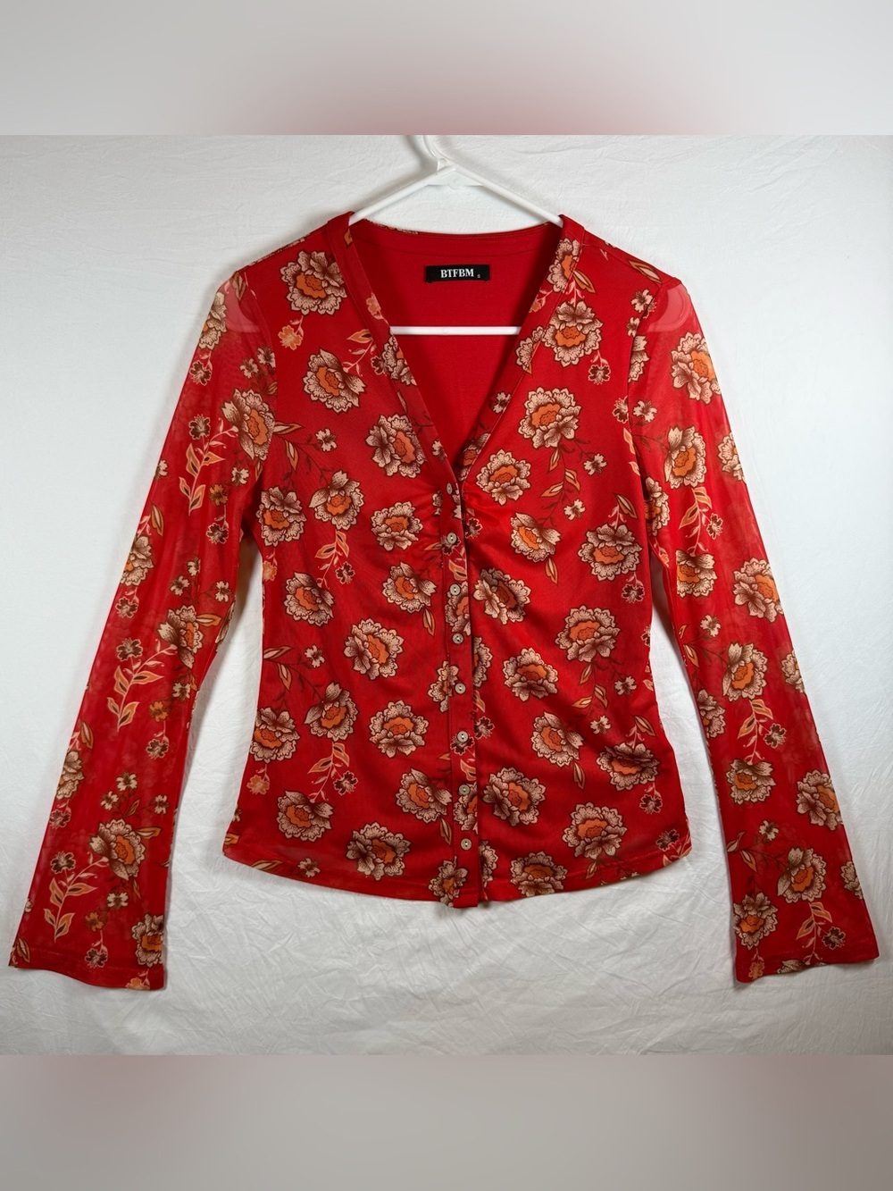 BTFBM Red Floral Mesh Button Up Blouse Sheer Sleeves Small